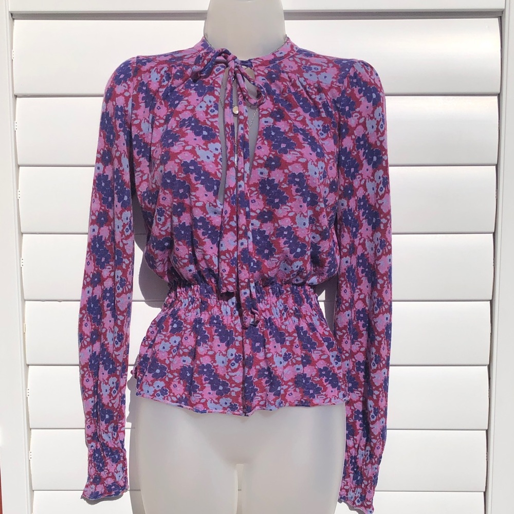 Free People Pink & Purple Floral Tie-Front Peplum Blouse